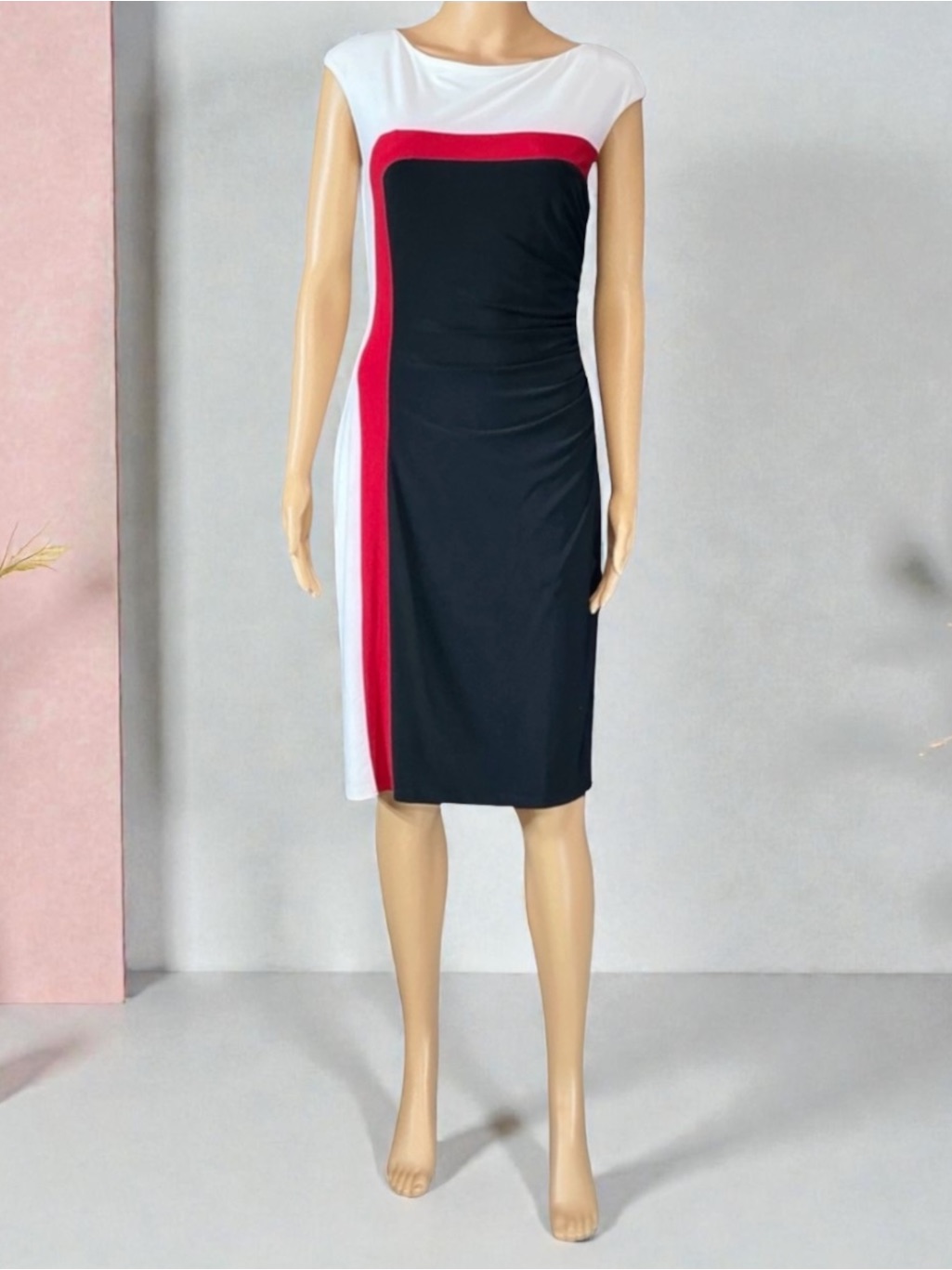 Ralph Lauren Black, White & Red Colorblock Midi Sheath Dress